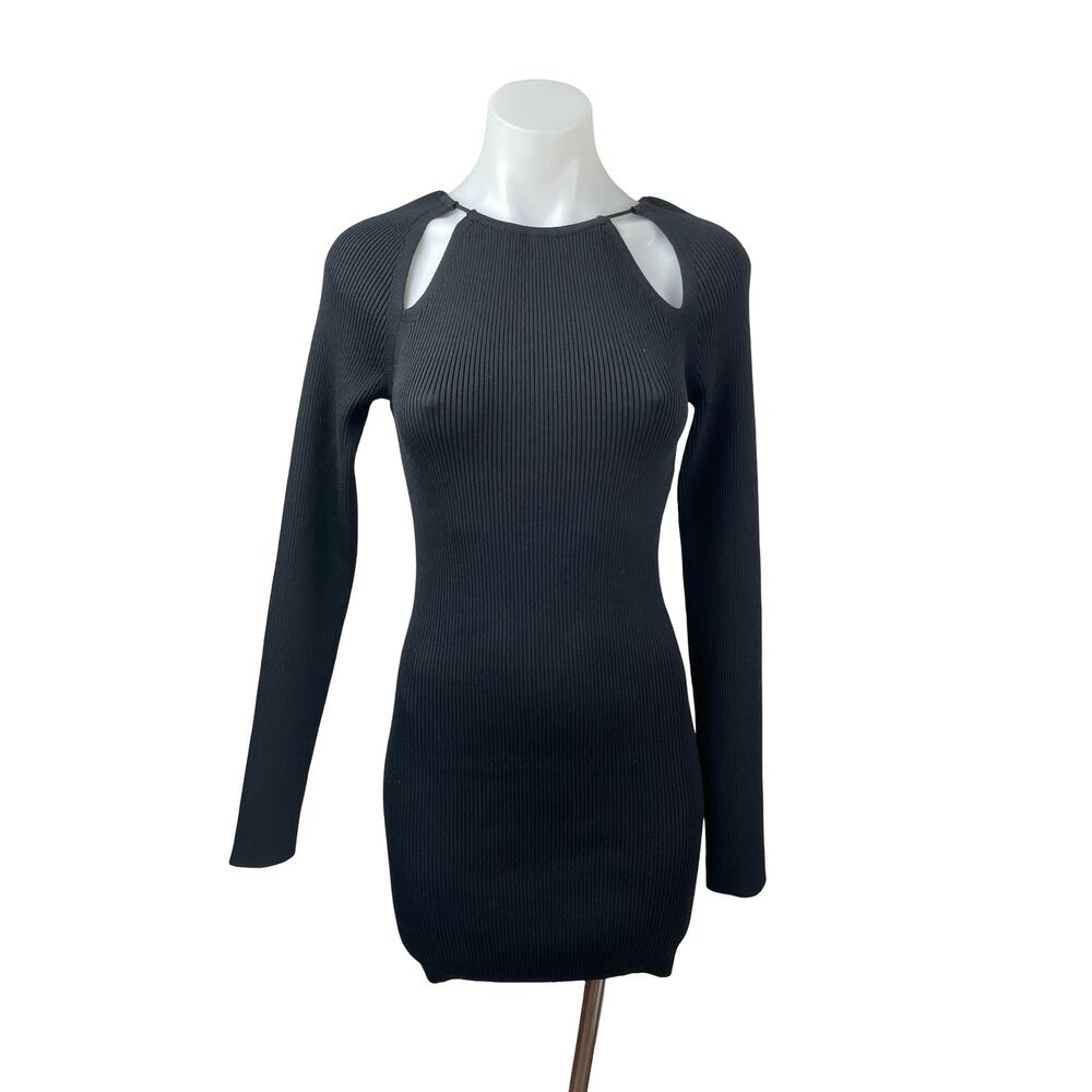 Oak + Fort Women's Black Ribbed Knit Cut Out Long Sleeve Mini Bodycon Dress Sz S